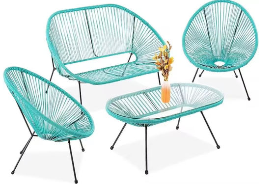 PE Rattan Woven Coffee Table Chair Hot Sale Best Design Colorful Outdoor Furniture Set Tempered Glass Tabletop