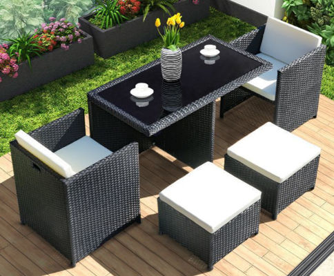 5 Pieces Black Outdoor Wicker Sofa Table Ottoman Garden Sets Sofa Rattan