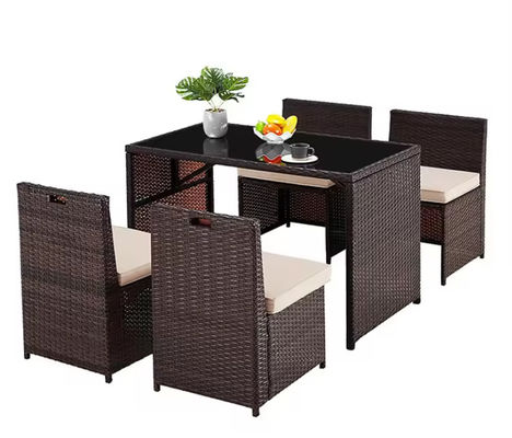 5 Piece Pe Rattan Furniture Dining Tables And Chairs Aluminum Waterproof Outside Patio Lounge Outdoor