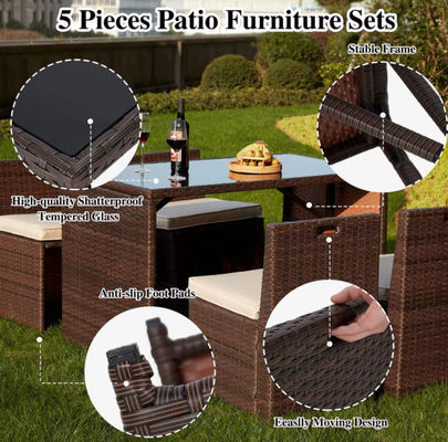 5 Piece Pe Rattan Furniture Dining Tables And Chairs Aluminum Waterproof Outside Patio Lounge Outdoor