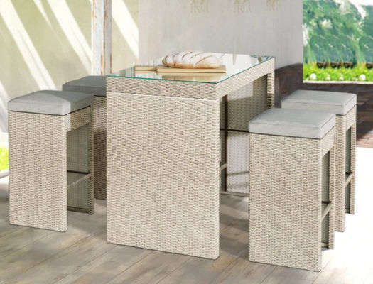 5-Piece Patio Bar Table Rattan Rectangular Dining Table Height Chair