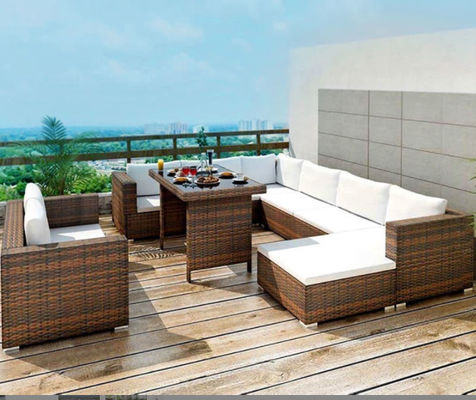 Wicker Rattan Corner Patio Set Garden Modern Home Style Furniture Brown With Fire Pit Table Patio