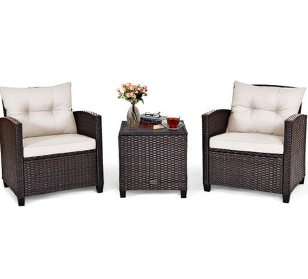 3pc Patio Wicker Bistro Conversation Patio Balcony Poolside-2 Cushioned Armchairs Glass Topped Table Outdoor Rattan Sofa