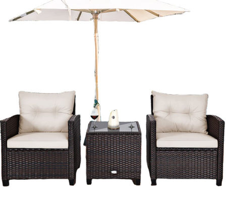 3pc Patio Wicker Bistro Conversation Patio Balcony Poolside-2 Cushioned Armchairs Glass Topped Table Outdoor Rattan Sofa