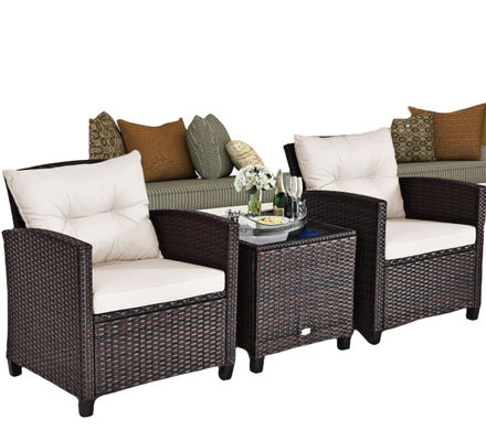 3pc Patio Wicker Bistro Conversation Patio Balcony Poolside-2 Cushioned Armchairs Glass Topped Table Outdoor Rattan Sofa