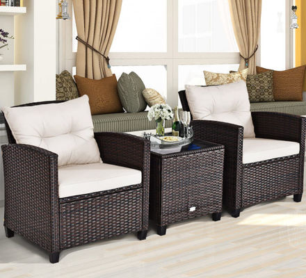 3pc Patio Wicker Bistro Conversation Patio Balcony Poolside-2 Cushioned Armchairs Glass Topped Table Outdoor Rattan Sofa