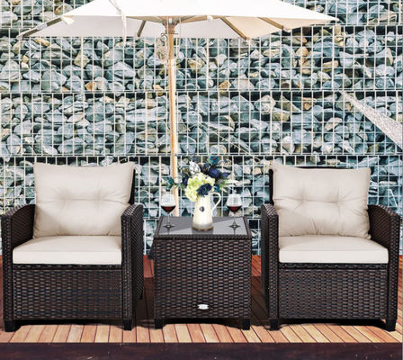 3pc Patio Wicker Bistro Conversation Patio Balcony Poolside-2 Cushioned Armchairs Glass Topped Table Outdoor Rattan Sofa
