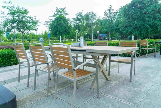 7 Pieces New Design Cheap American Style Cafe Restaurant Plastic Wooden Dining Table And Chairs Ferniture Set