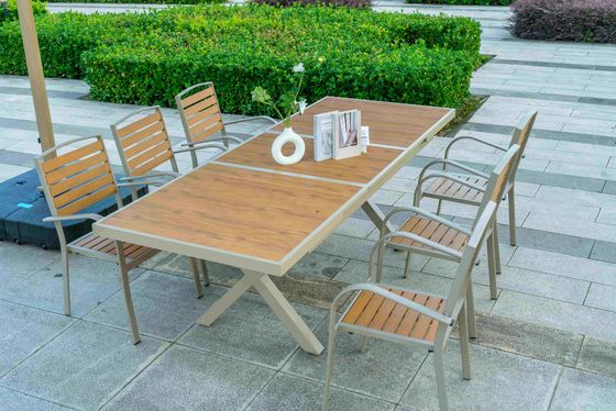 7 Pieces New Design Cheap American Style Cafe Restaurant Plastic Wooden Dining Table And Chairs Ferniture Set