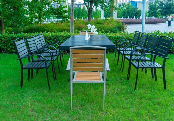 Black 11 Pieces Plastic Wood Modern Outdoor Garden Furniture Table Set 8-10 Seater Extendable Patio Dining Table Chairs