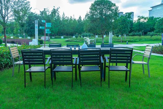 Black 11 Pieces Plastic Wood Modern Outdoor Garden Furniture Table Set 8-10 Seater Extendable Patio Dining Table Chairs