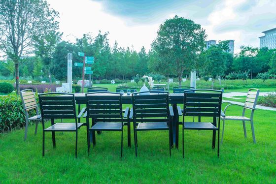 Black 11 Pieces Plastic Wood Modern Outdoor Garden Furniture Table Set 8-10 Seater Extendable Patio Dining Table Chairs