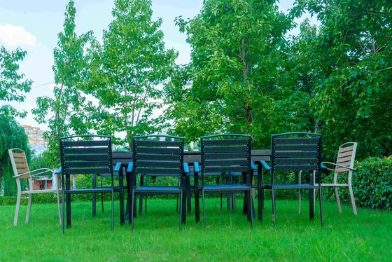 Black 11 Pieces Plastic Wood Modern Outdoor Garden Furniture Table Set 8-10 Seater Extendable Patio Dining Table Chairs