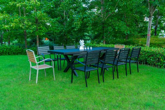 Black 11 Pieces Plastic Wood Modern Outdoor Garden Furniture Table Set 8-10 Seater Extendable Patio Dining Table Chairs