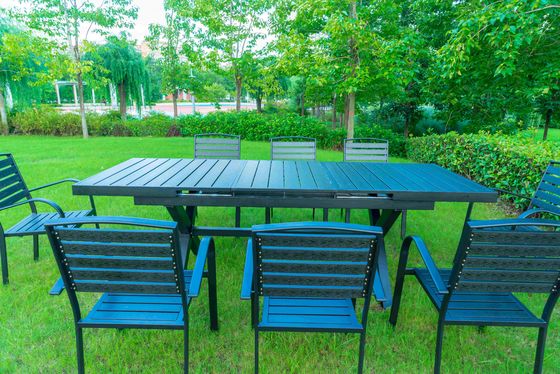 9 Pieces Black Plastic Wood Modern Outdoor Garden Furniture Table Set 8-10 Seater Extendable Patio Dining Table Chairs