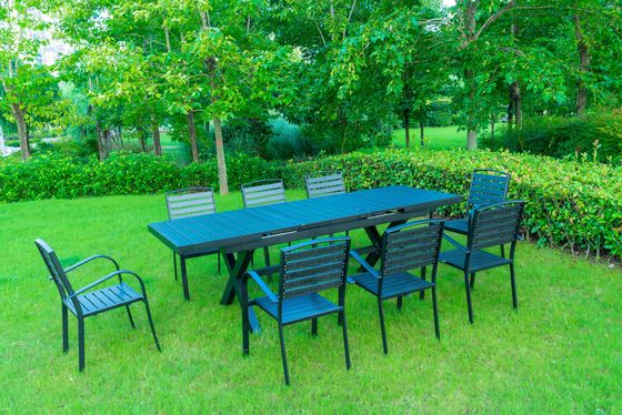 9 Pieces Black Plastic Wood Modern Outdoor Garden Furniture Table Set 8-10 Seater Extendable Patio Dining Table Chairs
