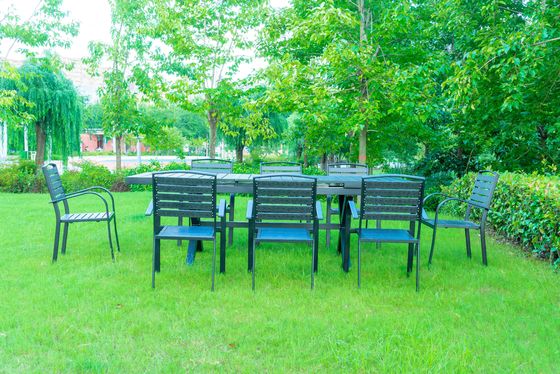 9 Pieces Black Plastic Wood Modern Outdoor Garden Furniture Table Set 8-10 Seater Extendable Patio Dining Table Chairs