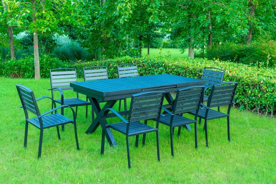 9 Pieces Black Plastic Wood Modern Outdoor Garden Furniture Table Set 8-10 Seater Extendable Patio Dining Table Chairs