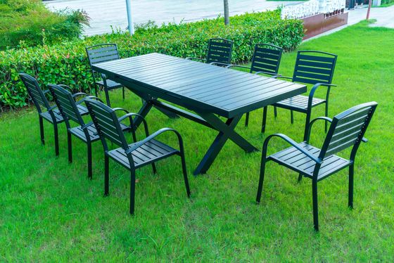 9 Pieces Black Plastic Wood Modern Outdoor Garden Furniture Table Set 8-10 Seater Extendable Patio Dining Table Chairs