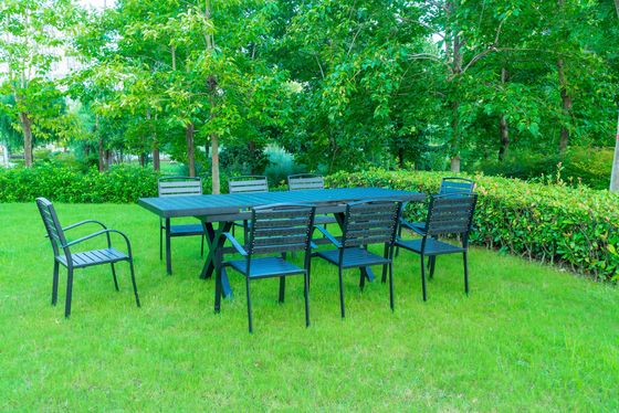 9 Pieces Black Plastic Wood Modern Outdoor Garden Furniture Table Set 8-10 Seater Extendable Patio Dining Table Chairs