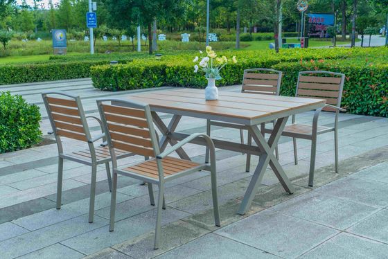 Outdoor Poly Wooden Dining Table And Chairs Plastic Wood Patio Table And Chair Set 5 Pieces Set
