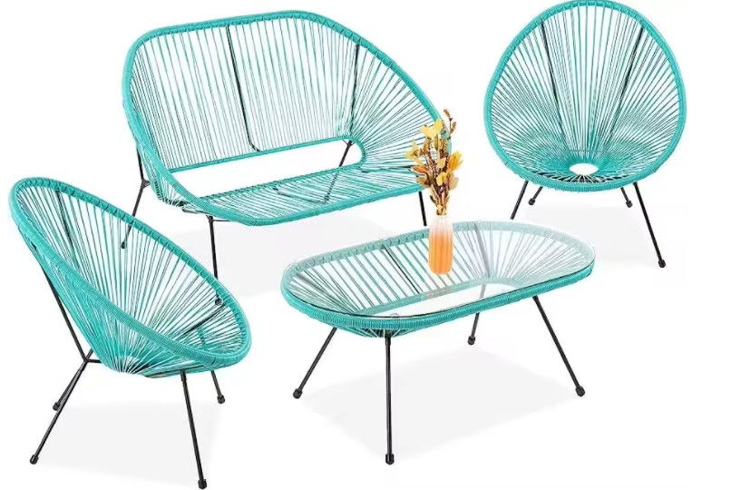 PE Rattan Woven Coffee Table Chair Hot Sale Best Design Colorful Outdoor Furniture Set Tempered Glass Tabletop