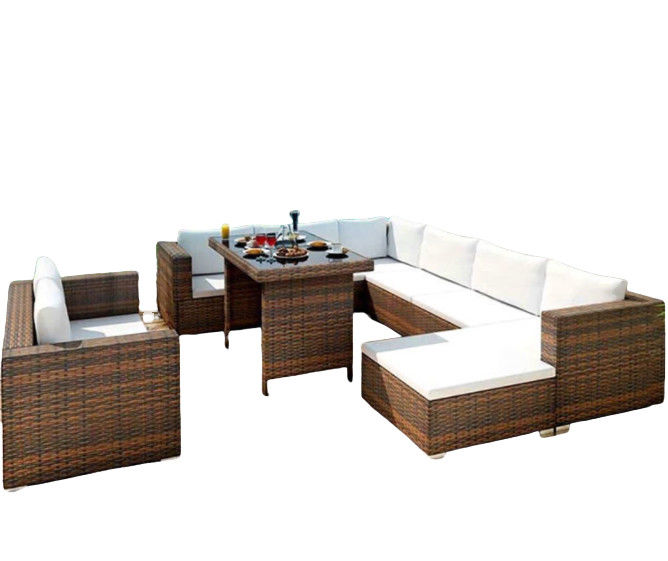 Wicker Rattan Corner Patio Set Garden Modern Home Style Furniture Brown With Fire Pit Table Patio