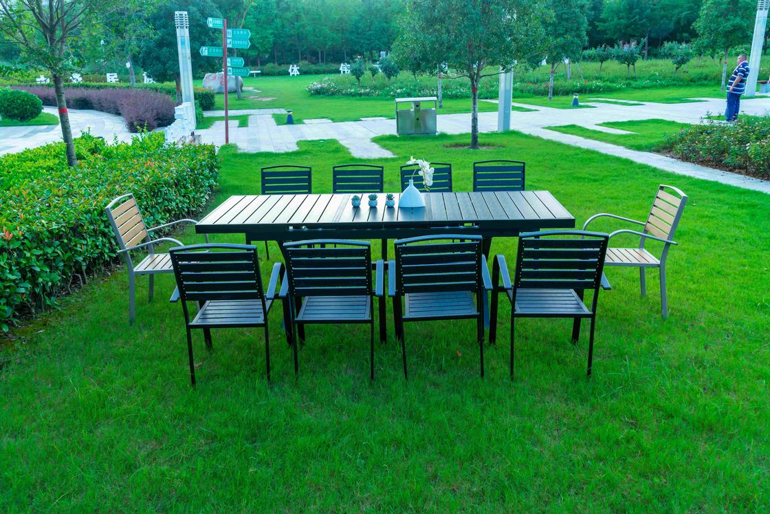 Black 11 Pieces Plastic Wood Modern Outdoor Garden Furniture Table Set 8-10 Seater Extendable Patio Dining Table Chairs